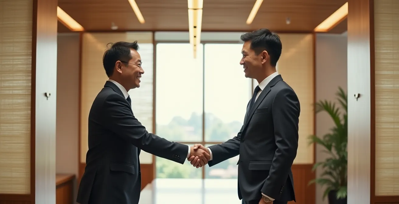 Business professionals in modern Asian office space demonstrating respectful greeting customs