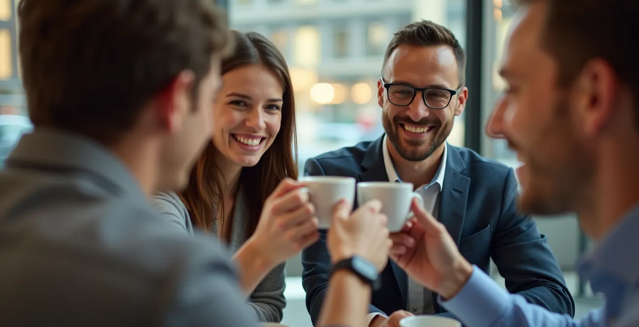 Professional team celebrating project completion during regular work hours, showing healthy work-life balance