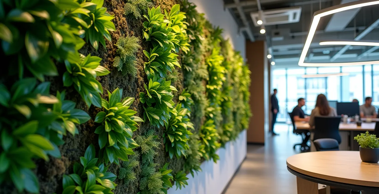 Office interior featuring a large living wall with diverse plants creating a natural backdrop for workstations
