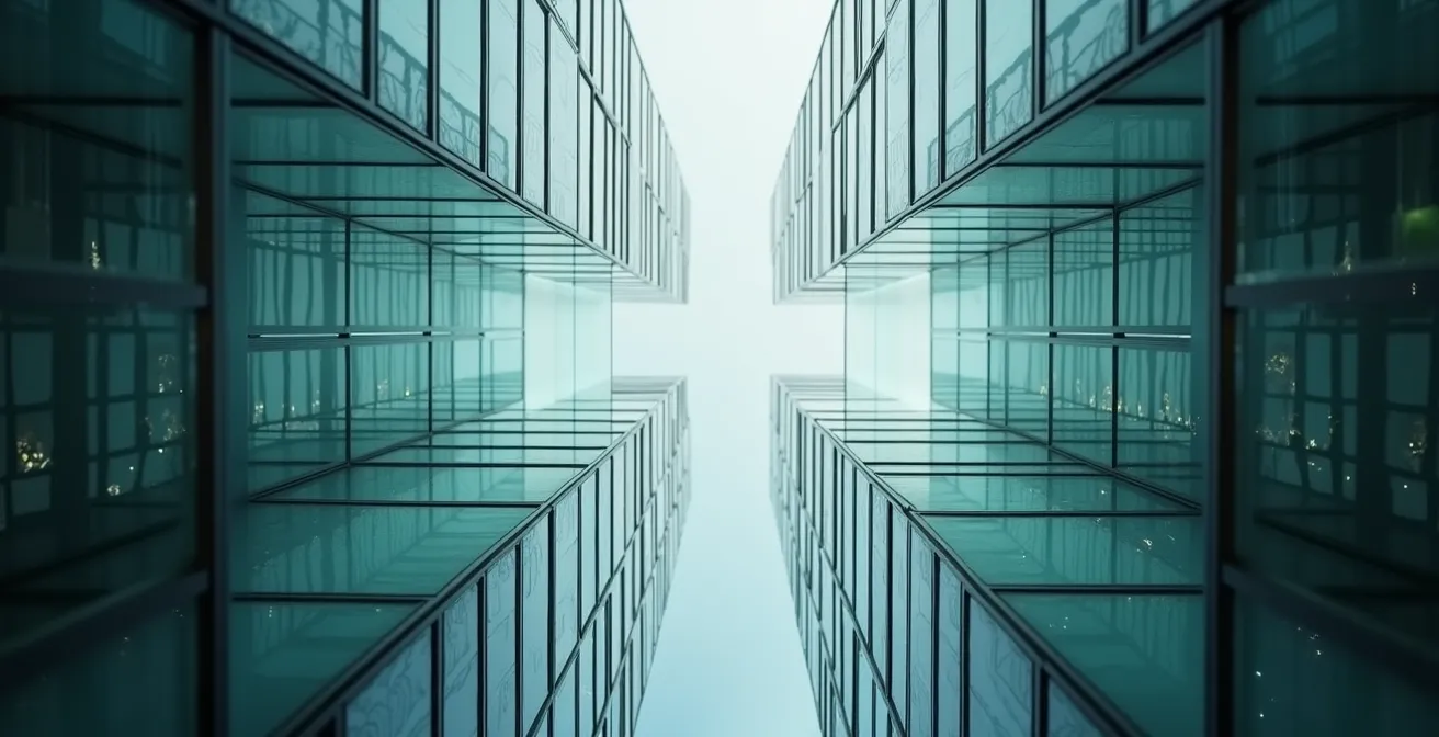 Abstract visualization of decision pathways branching from a central merger point