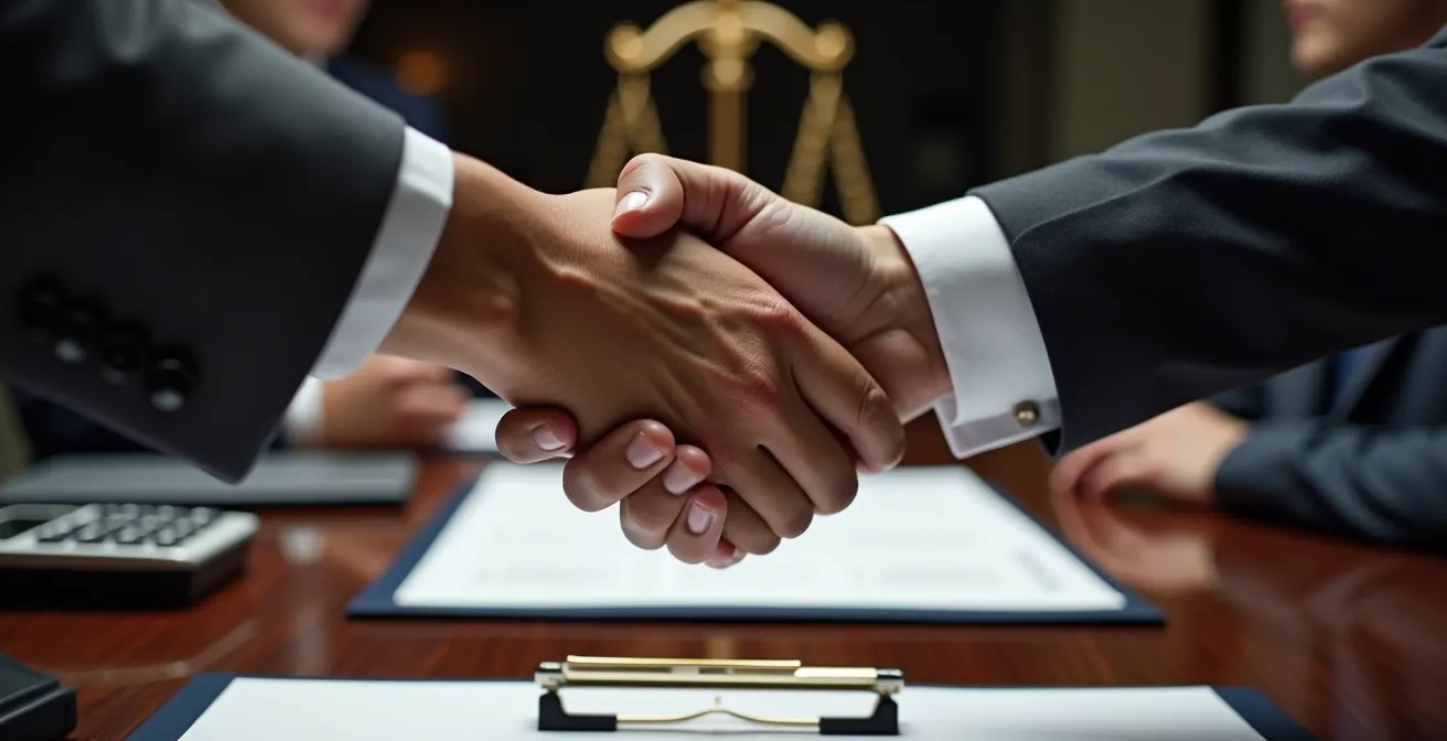 Two business professionals shaking hands over contract documents in modern office