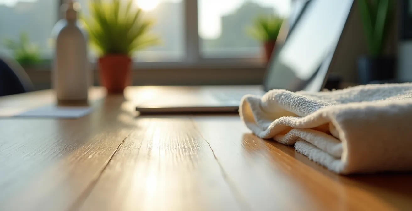 Macro shot of clean office desk surface with sanitization materials