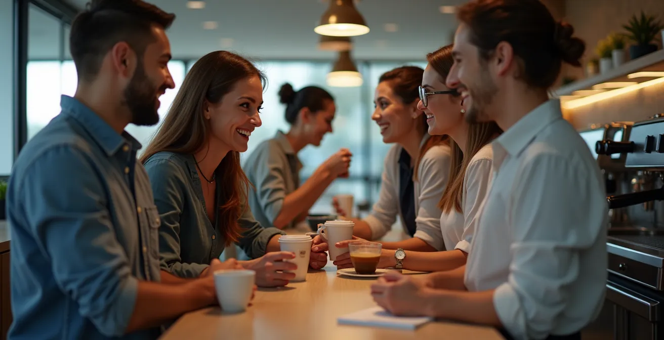Busy office coffee area with diverse employees from different departments naturally interacting