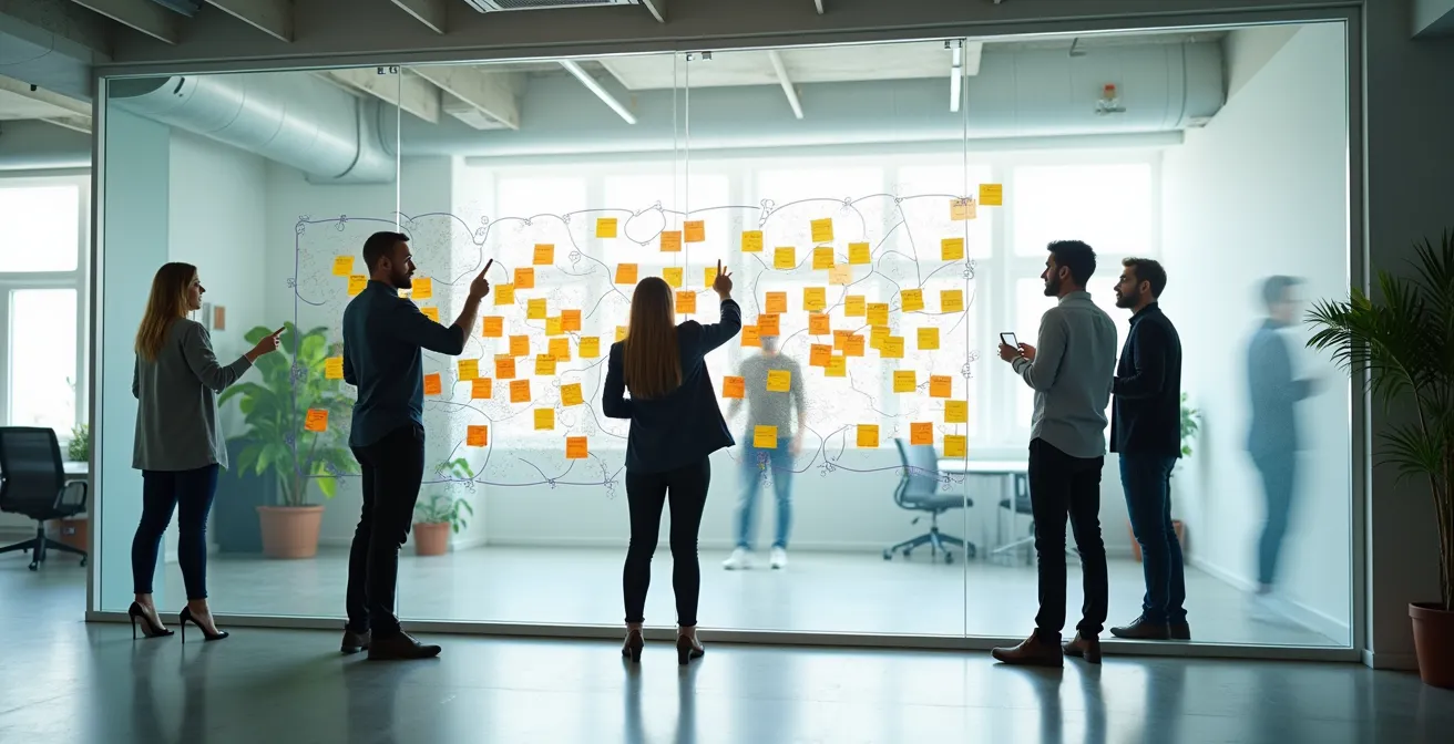 Team members working together on process documentation using visual tools and collaborative methods