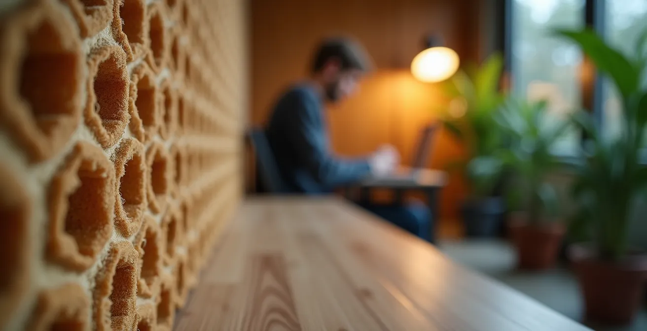 Office corner with acoustic panels and plants creating a quiet workspace zone