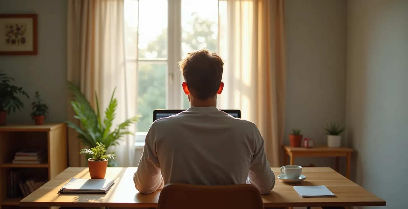 Person working at home office desk viewed from behind with natural lighting