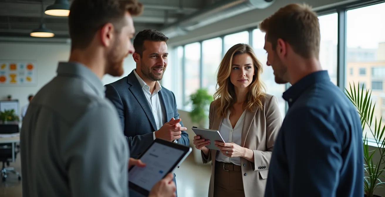 Diverse team members collaborating around digital tools in a modern office environment