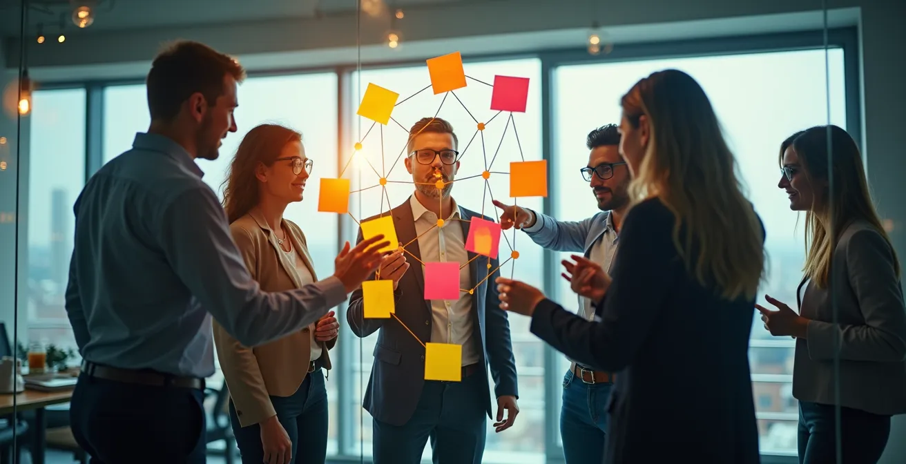 Diverse group of tech professionals collaborating around a mission statement visualization