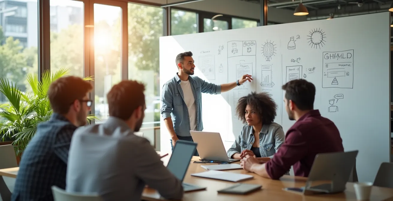 Wide shot of startup team meeting in modern open office discussing equity structure
