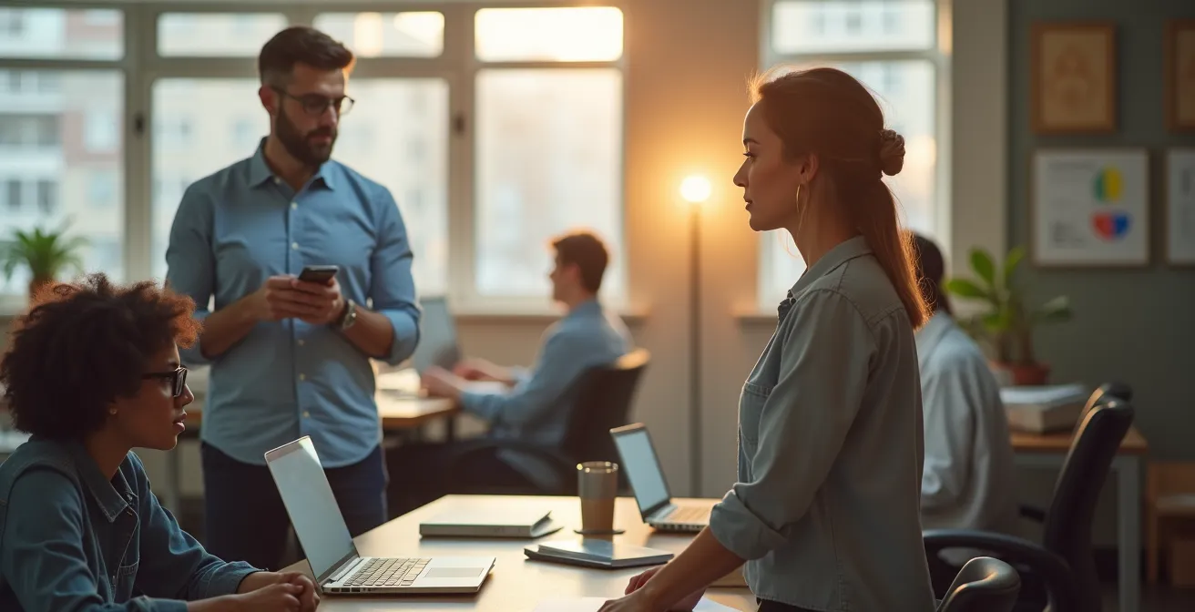 Manager coaching team members in different workspace zones