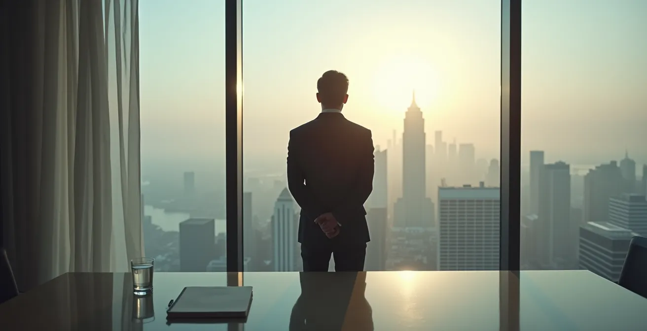 Executive preparing in minimalist morning environment before crucial meeting