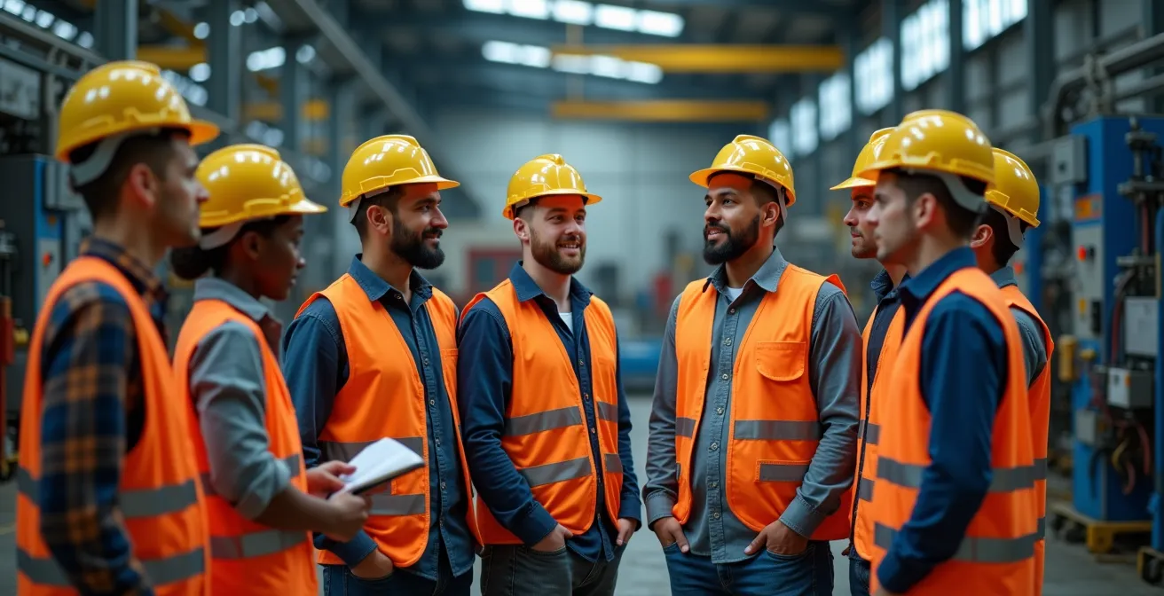 Manufacturing team conducting daily Scrum meeting on factory floor