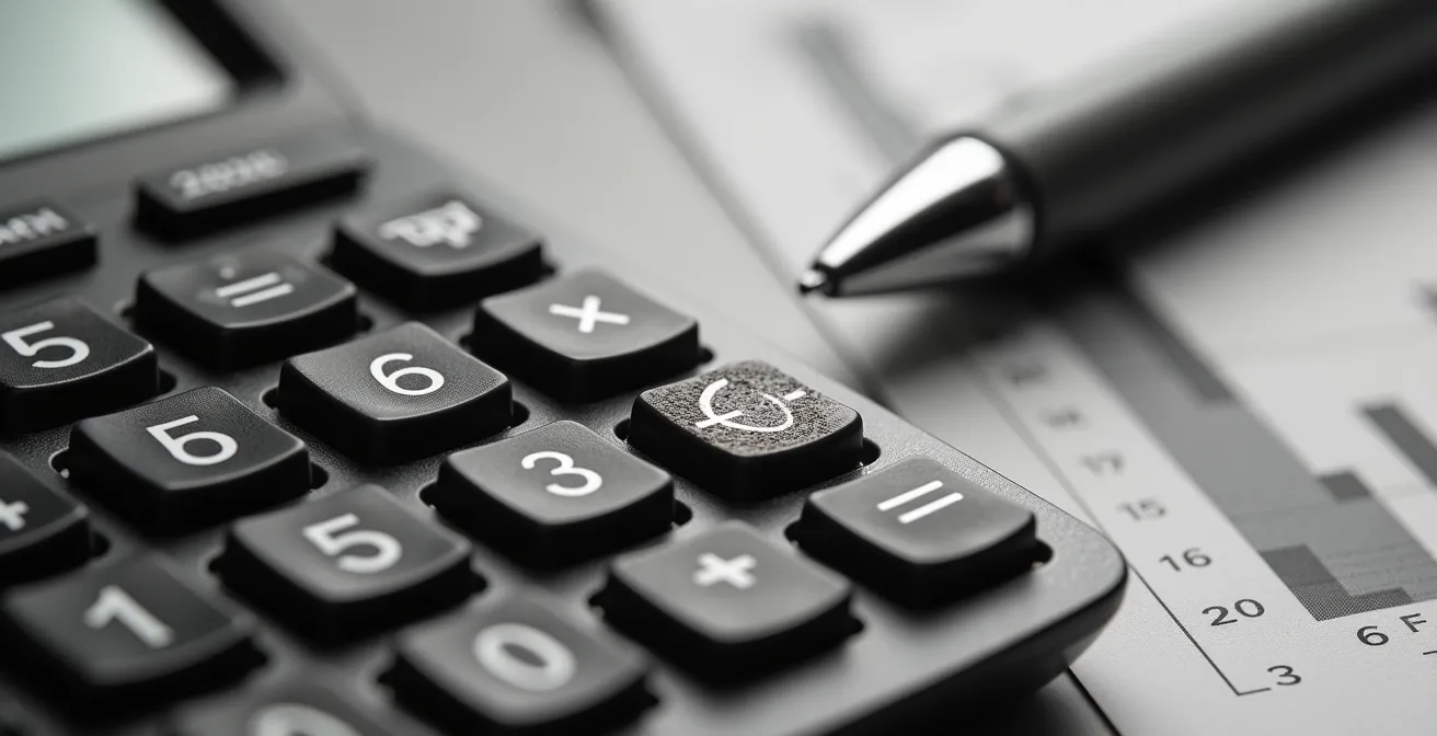 Extreme close-up of calculator buttons and financial documents with dramatic lighting