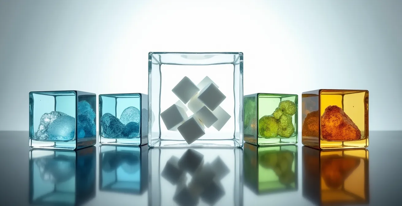 A central glass cube representing the global core process, surrounded by three smaller cubes with local textures for Paris, NYC, and Berlin.