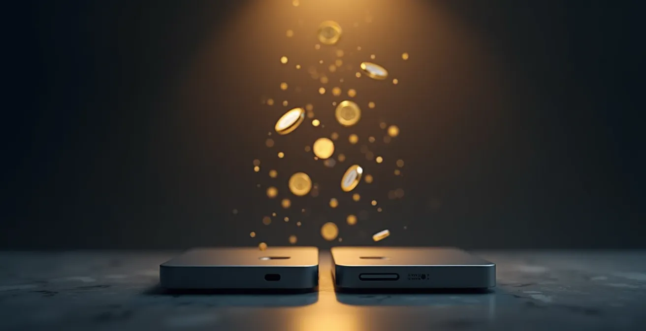 Split scene showing subscription model versus one-time purchase economics for hardware products