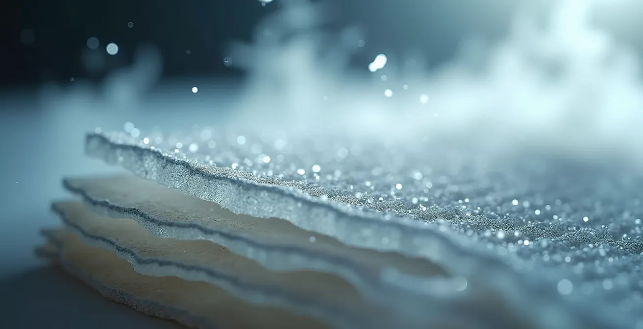 Extreme close-up of HVAC filter showing fine particulate capture and airflow patterns