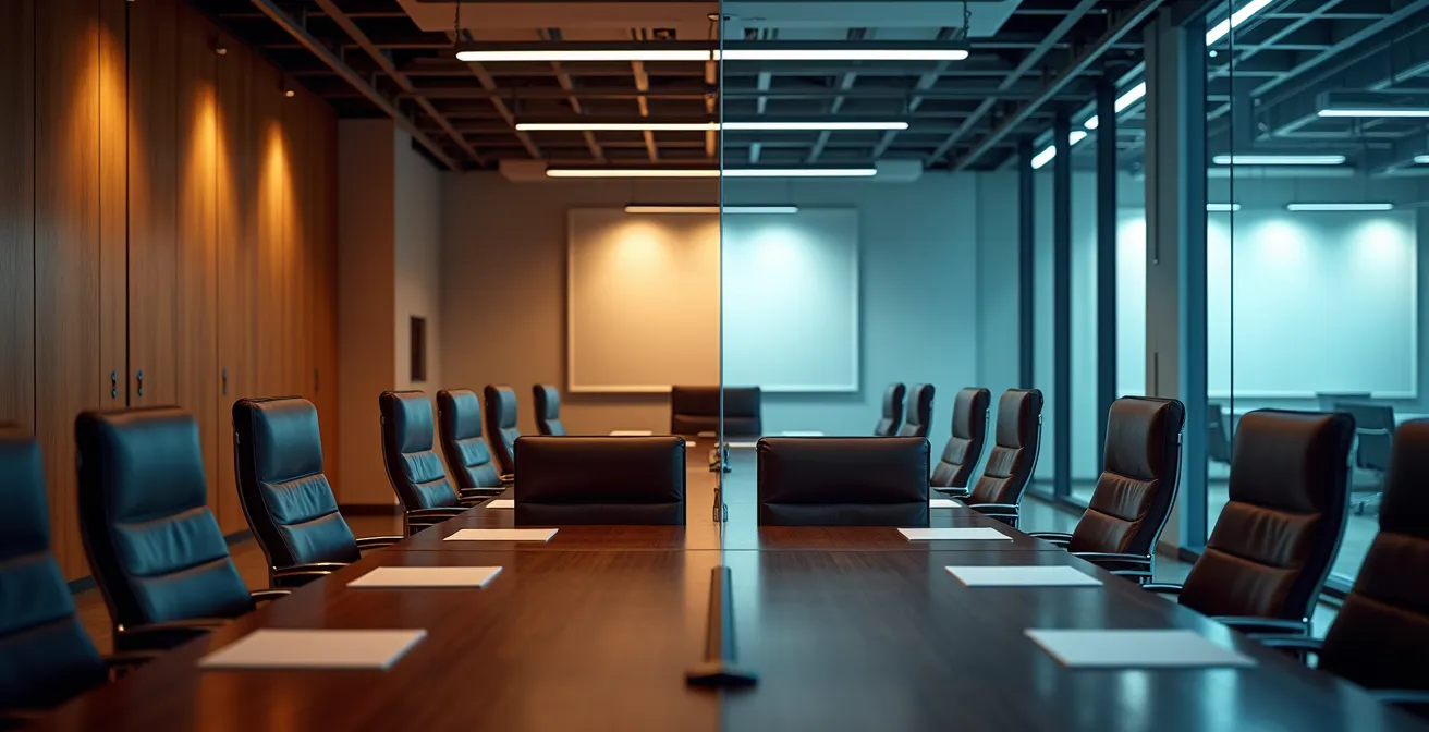 Split composition showing a formal boardroom transitioning into a creative innovation space, symbolizing the link between governance and innovation.