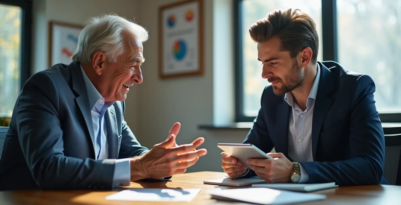 Senior professional mentoring younger colleague in collaborative workspace