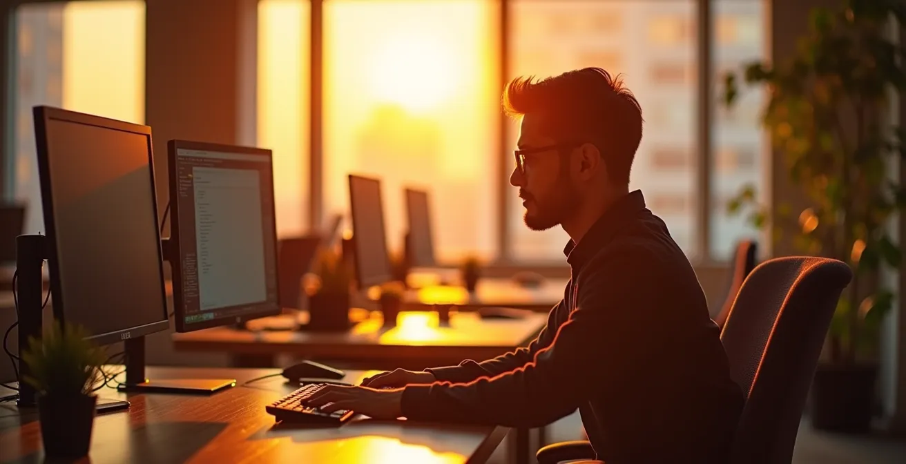 Office space showing warm afternoon lighting with developers at adjustable standing desks