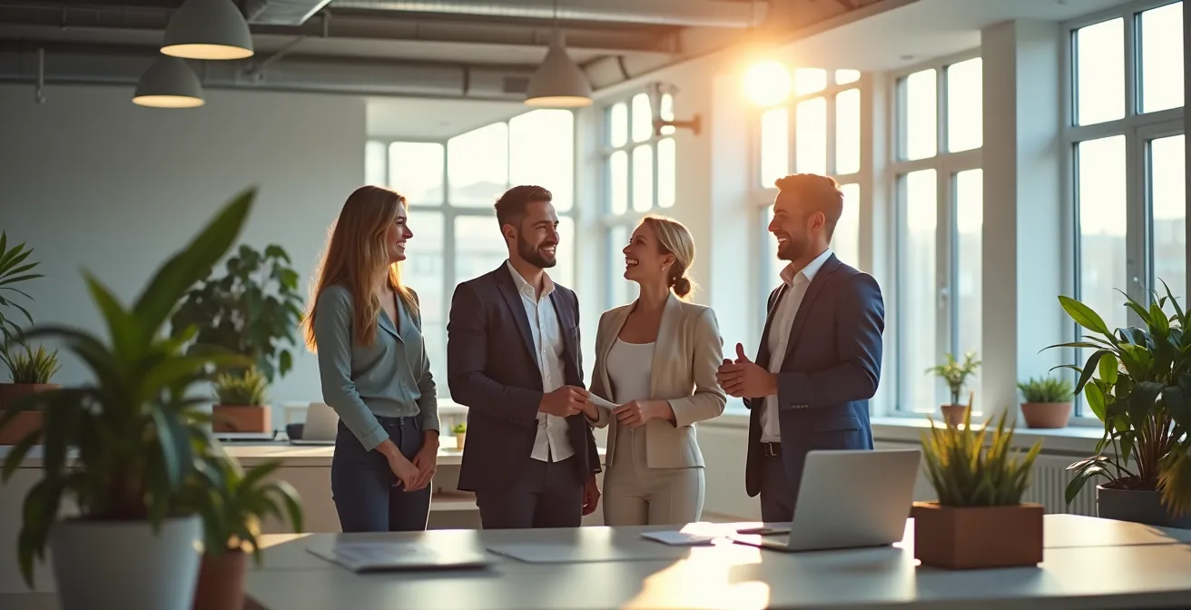 Team members celebrating achievement with authentic peer recognition in office setting