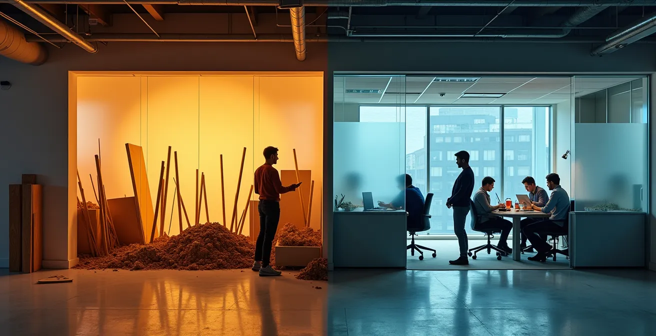 Construction zone separated from active office workspace with temporary barriers