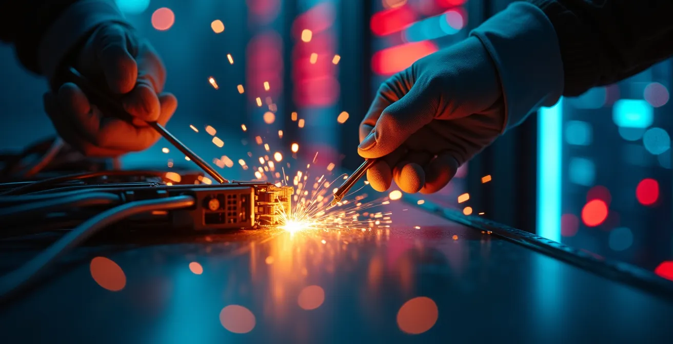 Extreme close-up of network cable connections during incident response