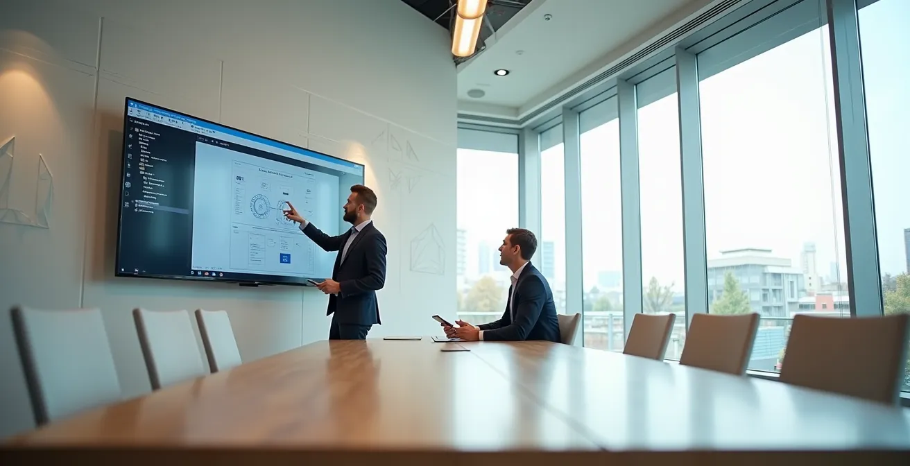 A professional workplace scene depicting the reverse shadowing process between a junior employee and a senior mentor in a modern office.