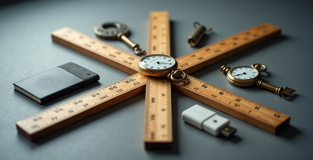 An abstract visualization of a risk assessment matrix, with objects like a key and a watch representing high-priority knowledge transfer quadrants.