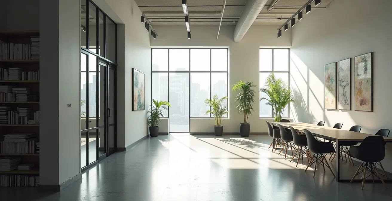 Wide environmental shot of pathway transforming from chaotic to structured