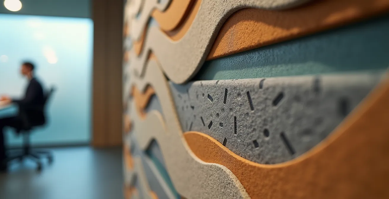 Compact office phone booth and acoustic panels creating focused work environment