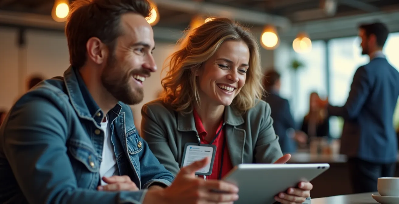 Tech professionals networking and collaborating at a modern conference space