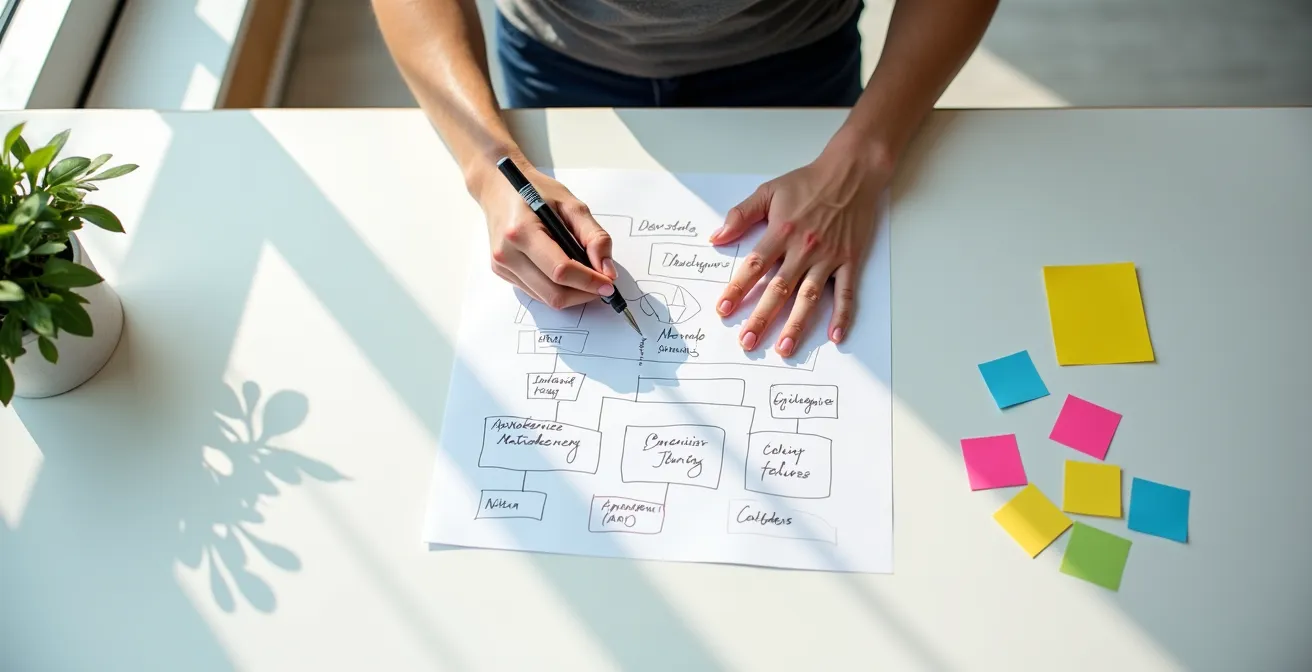 Business analyst examining growth charts and strategic planning documents on desk