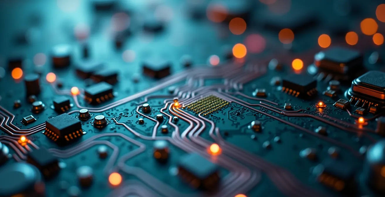 Macro view of circuit board patterns with light trails representing data flow and innovation signals