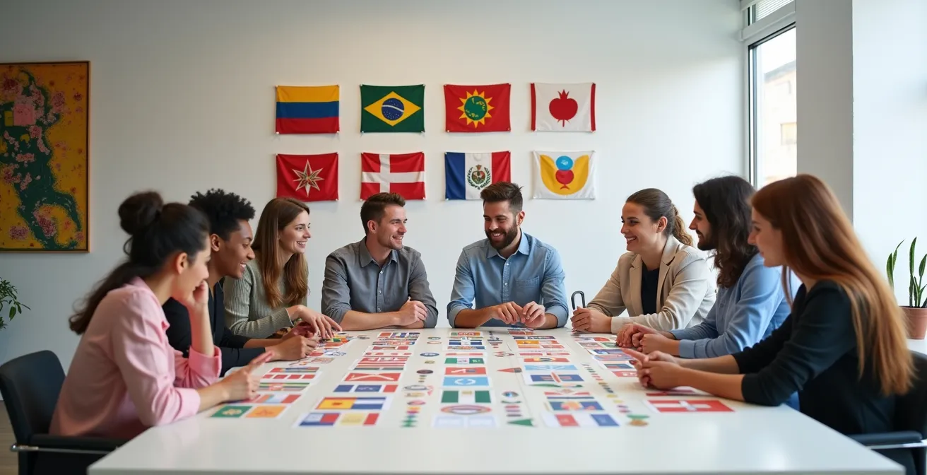 Marketing team reviewing multiple cultural interpretations of brand messaging across different Spanish-speaking markets