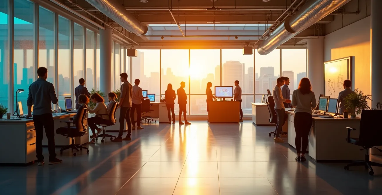 Modern workspace showing successful digital transformation adoption with employees naturally using new systems