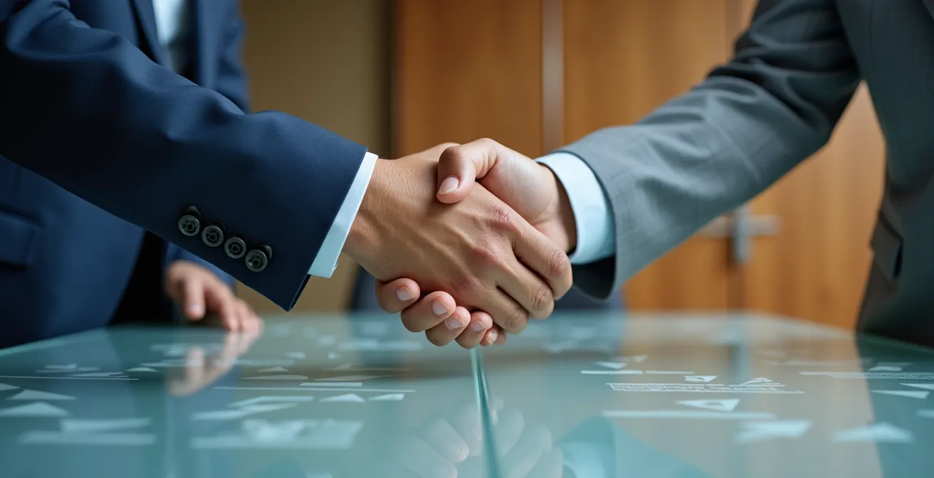 Business professionals shaking hands over abstract contract documents in modern meeting room