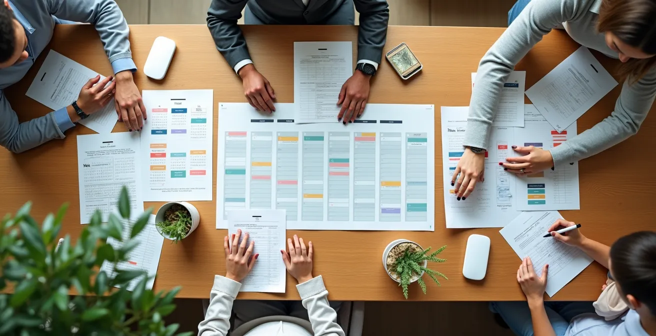 Aerial view of corporate planning table with calendar layouts and scheduling materials arranged in organized pattern