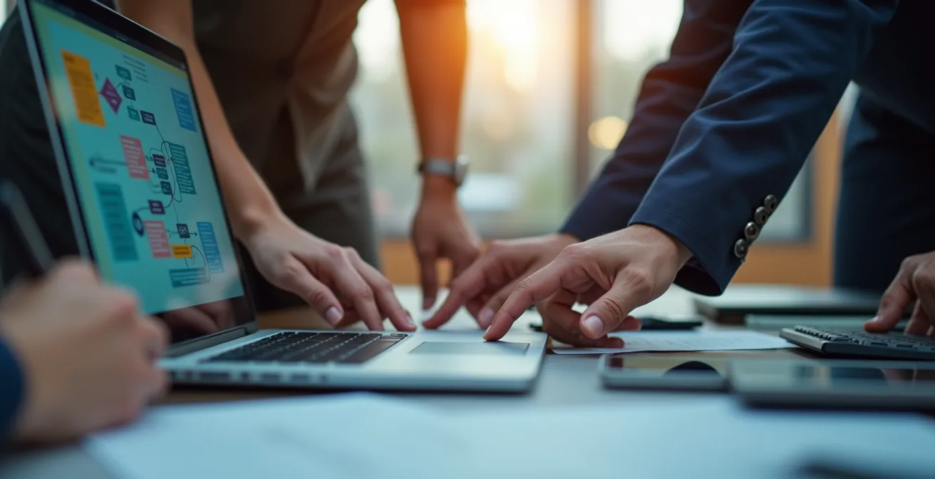 Close-up view of hands configuring an automated email workflow system on a laptop