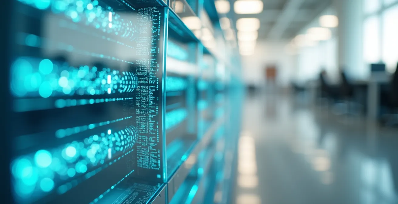 Macro close-up of organized digital filing system with layered transparent panels showing data structure
