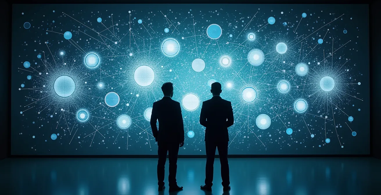 Business professionals examining interconnected corporate structure diagram on wall