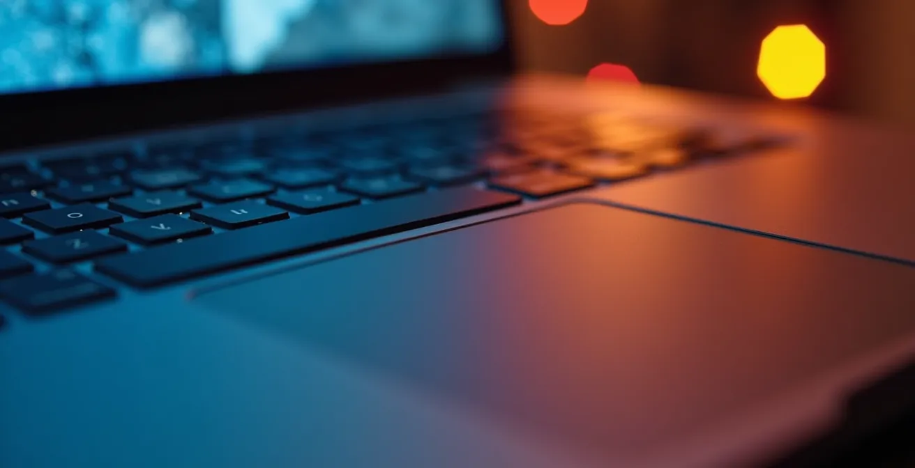 Close-up macro shot of laptop keyboard with abstract light patterns suggesting data separation between personal and corporate data.