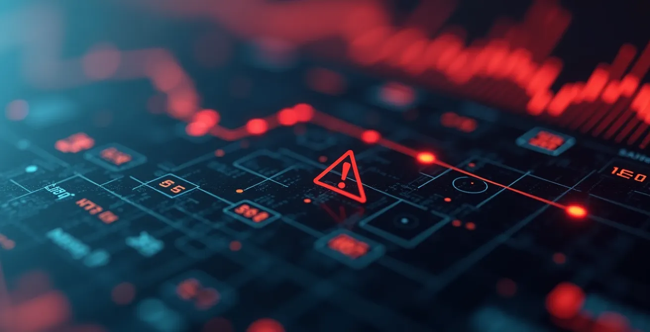 Close-up macro view of interconnected financial data with warning indicators highlighting imbalances