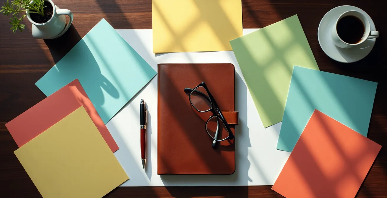 Organized desk setup with multiple information streams converging into a central point