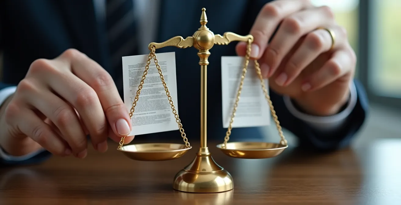 Balance scale with employment documents showing work-life equilibrium