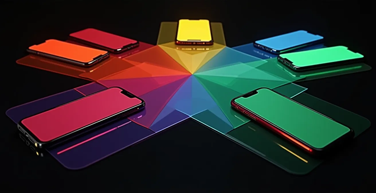 Abstract composition showing multiple smartphone silhouettes with overlapping colored glass filters, symbolizing data leakage between consumer apps.