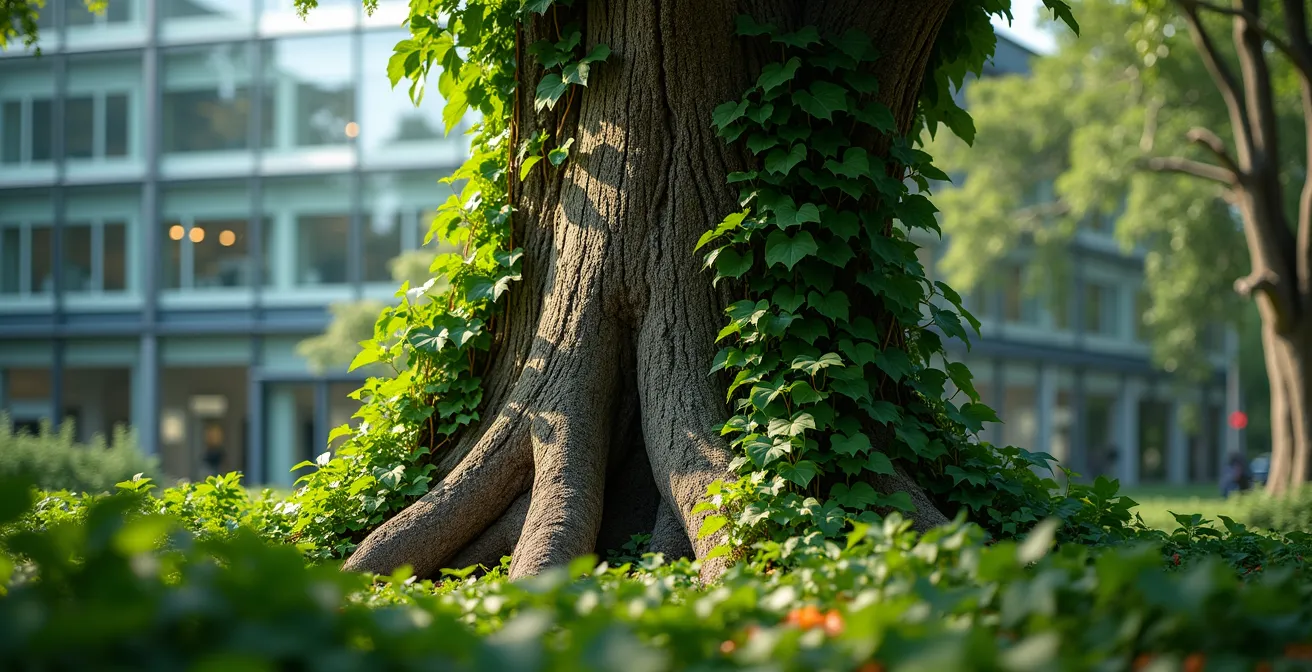 Visual representation of gradual system transformation from monolithic to microservices architecture, with new vines enveloping an old tree trunk.
