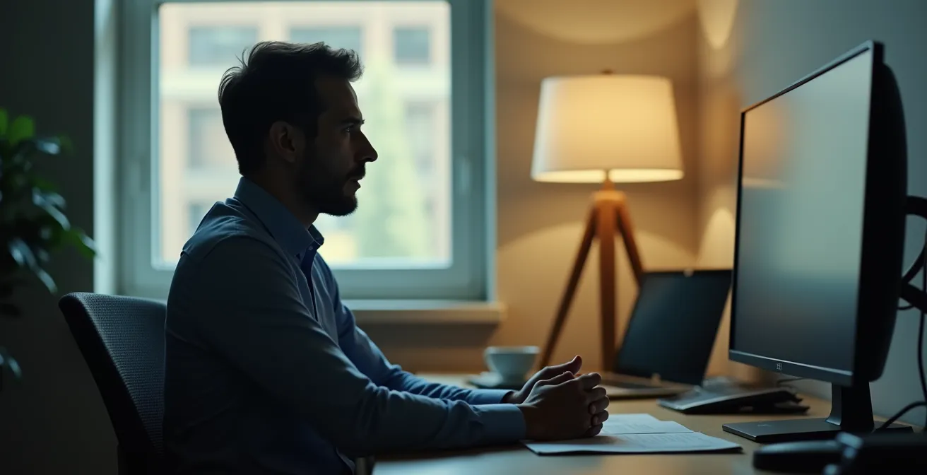 Anonymous employee using secure reporting channel in private office setting